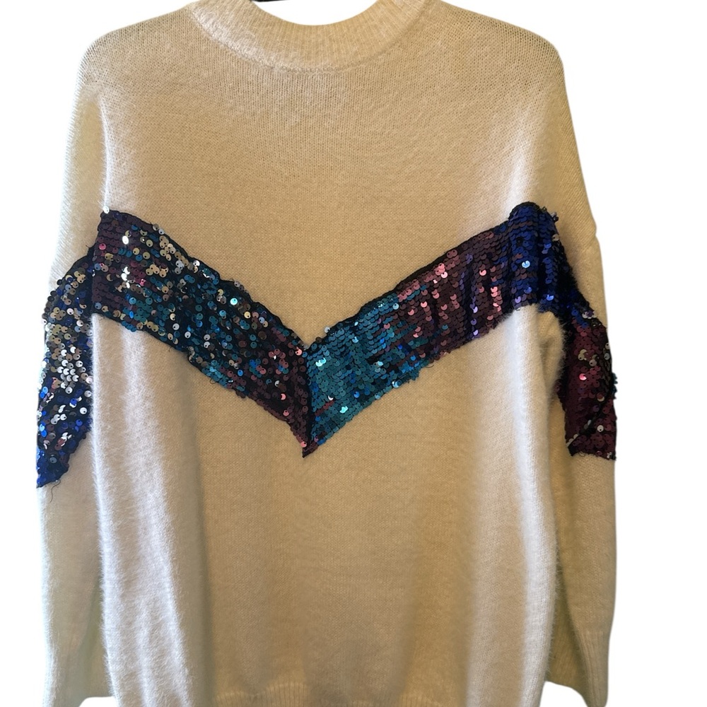 Shop Meko Sweater Womens Sz M Multi Colored Sequin Embellished Cream Sweater